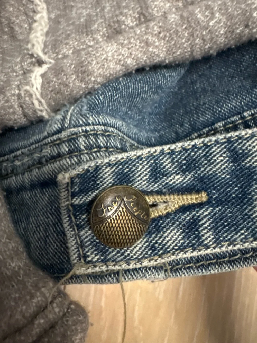 Free People Blue Denim Jacket with Gray Hoodie Sleeves - Picture 5 of 8